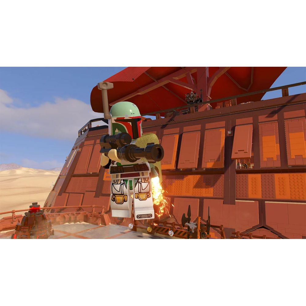 Figurine Lego Boba Fett tire un fusil blastersur une planète désertique.