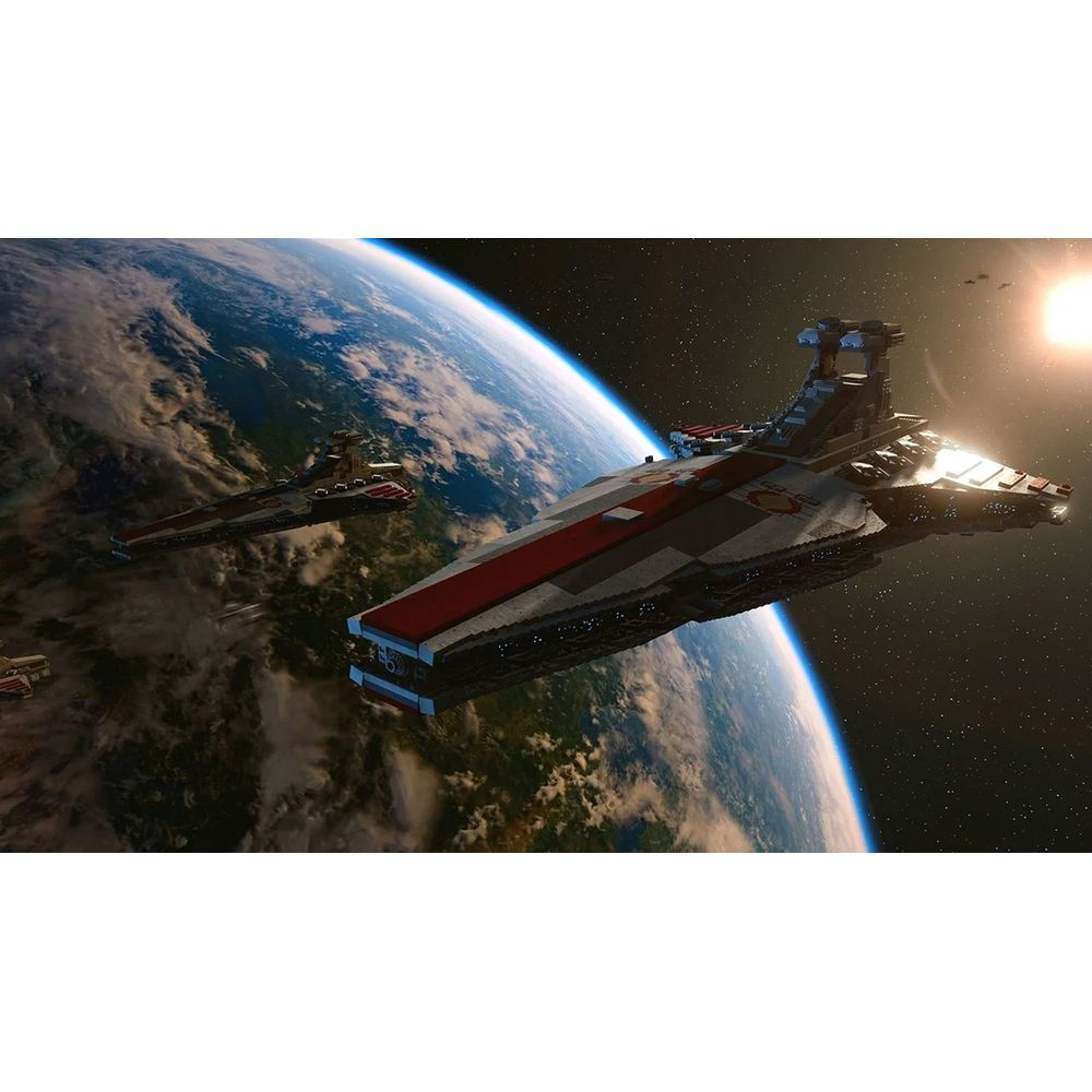 Deux vaisseaux spatiaux gris et rouges volent dans l'espace près de la Terre.