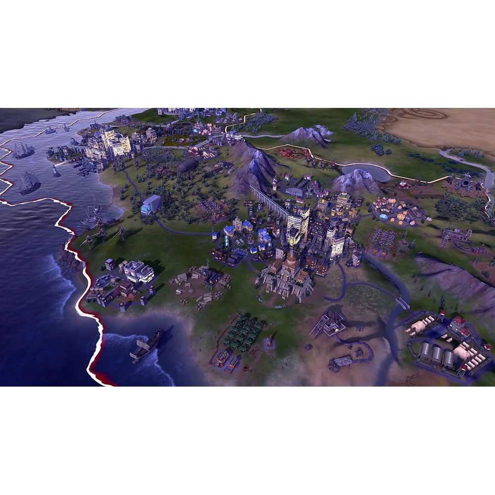 Eine weitläufige Stadt und Landschaft mit Gebäuden, Schiffen und Bergen.
