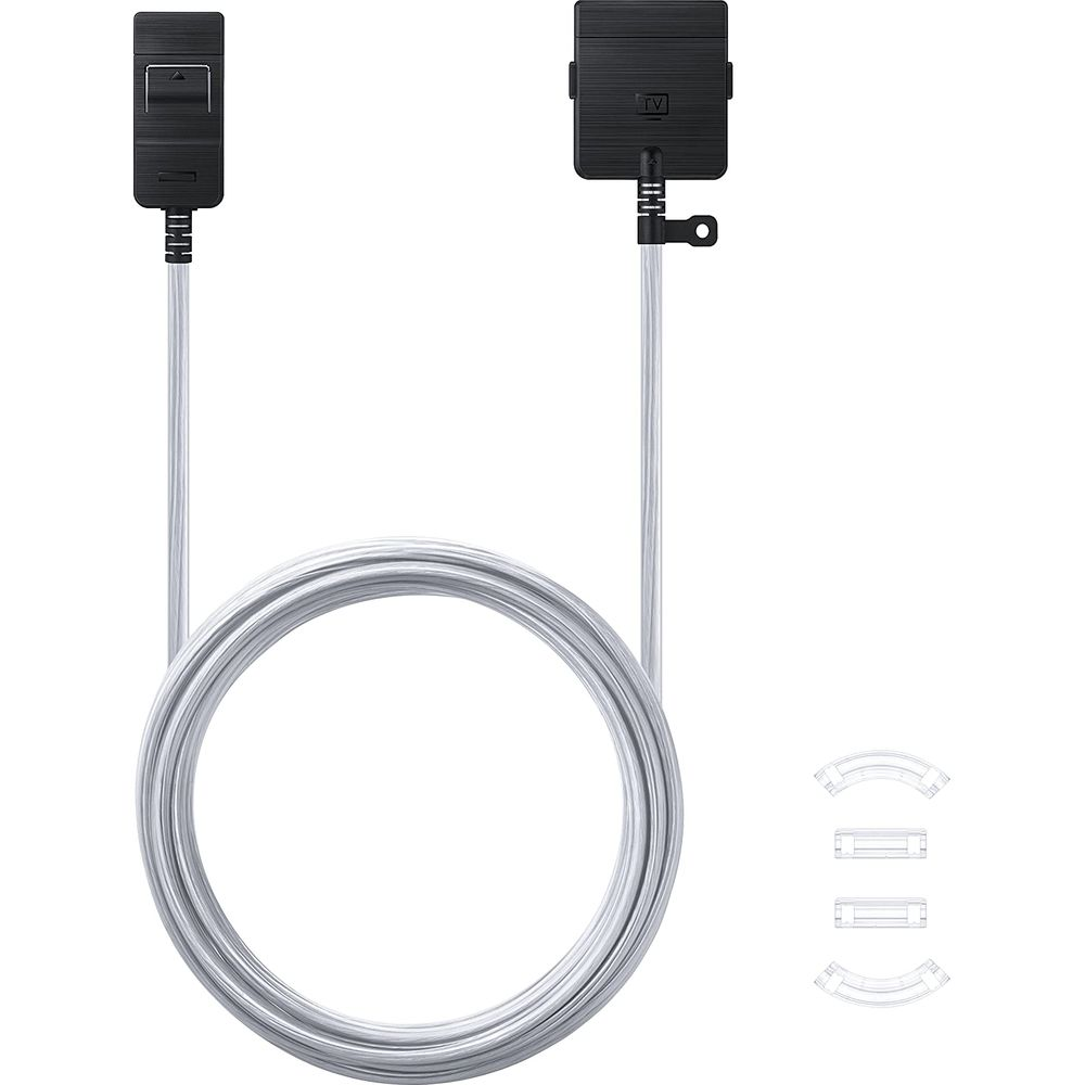 Dos conectores de cable de TV negros, uno etiquetado, con un cable blanco enrollado.