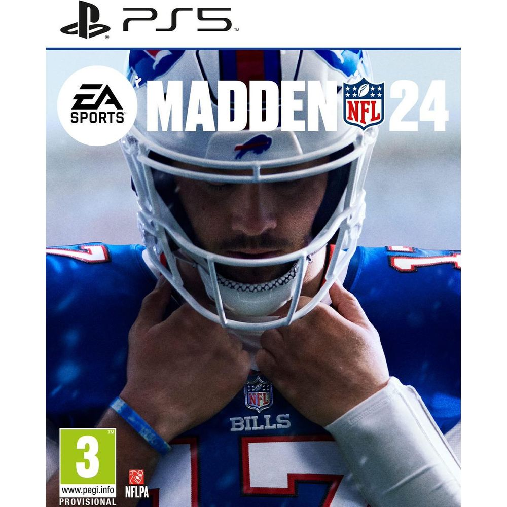 Okładka Madden NFL 24 PS5: Gracz w stroju Bills z kaskiem i logo.