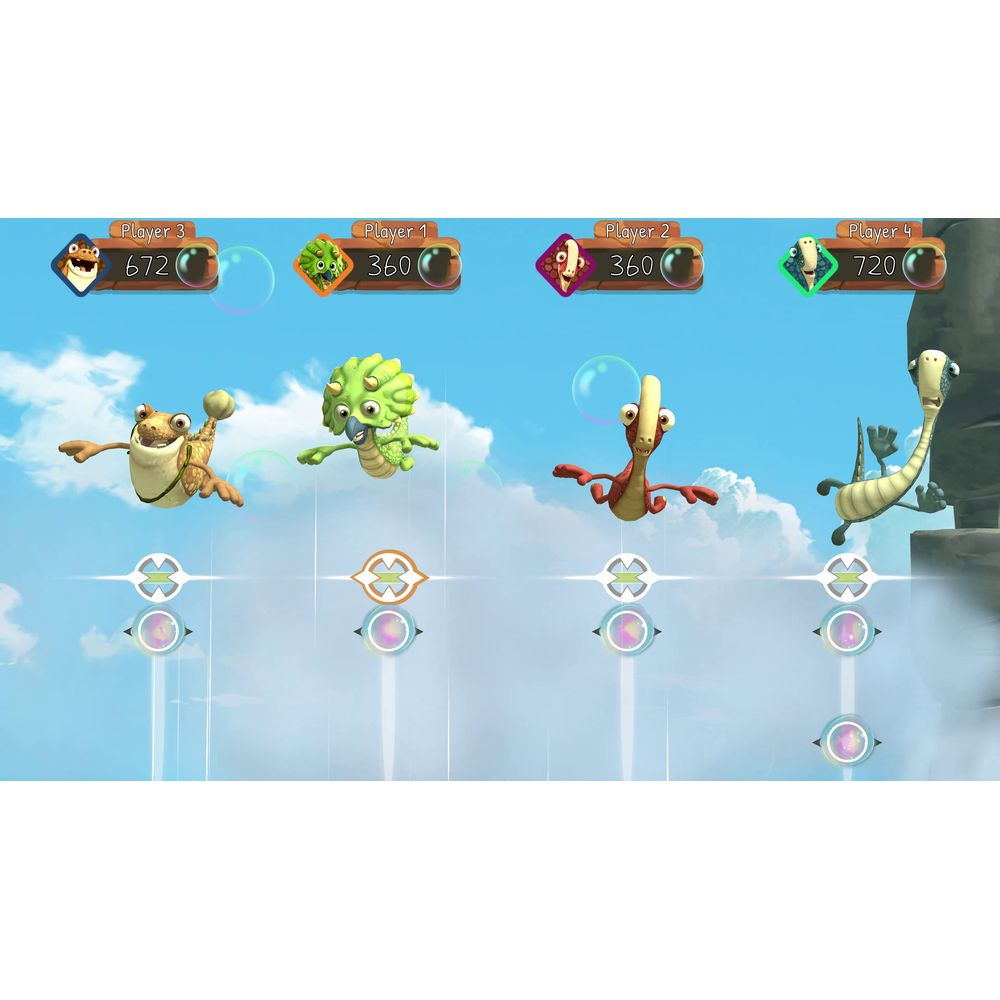 Quattro dinosauri dei cartoni animati fluttuano nel cielo, con display e punteggi.