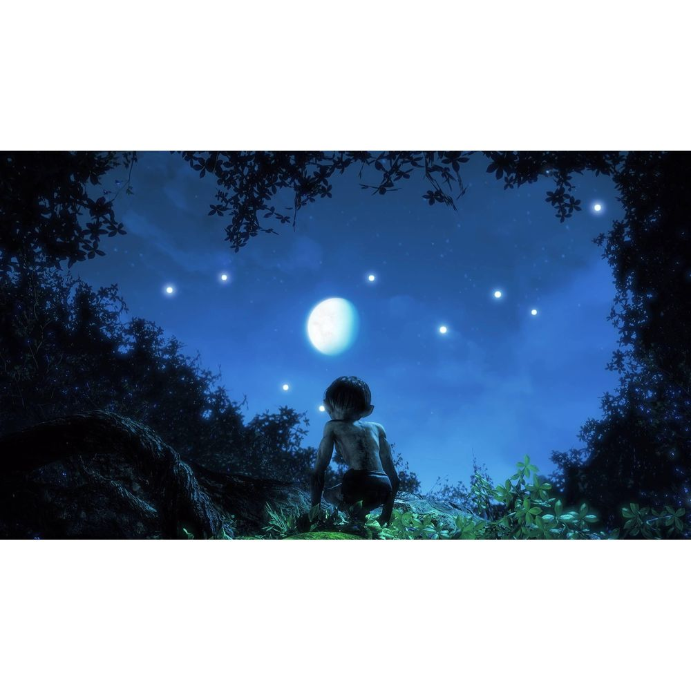 Ein Kind kauert nachts unter dem Mond und Sternen im Wald.