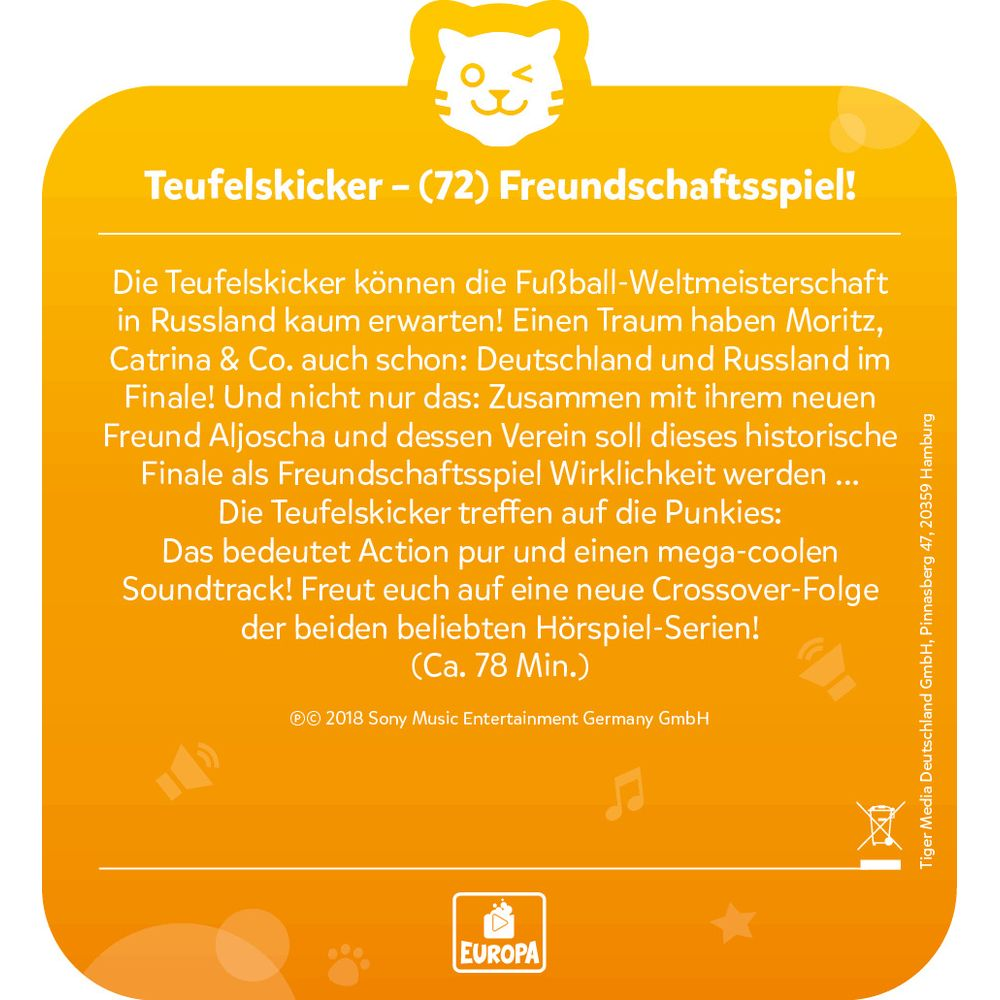 Gelbes Cover mit Titel 'Teufelskicker - Freundschaftsspiel'. Hörspiel Info.