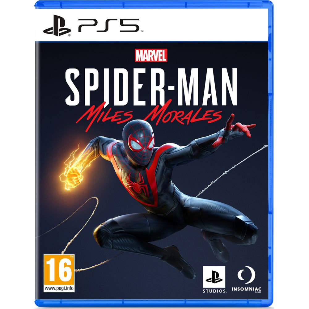 Spider-Man in rood-zwart pak, gloeiende handen, in de lucht. PS5 game.