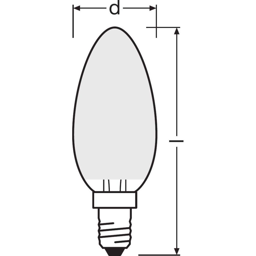 Disegno tecnico di una lampadina a forma di candela con dimensioni.