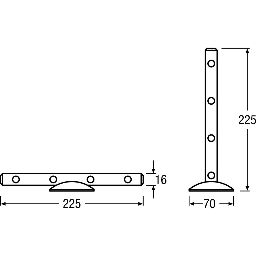 Rysunek techniczny metalowego elementu w kształcie litery L z wymiarami.