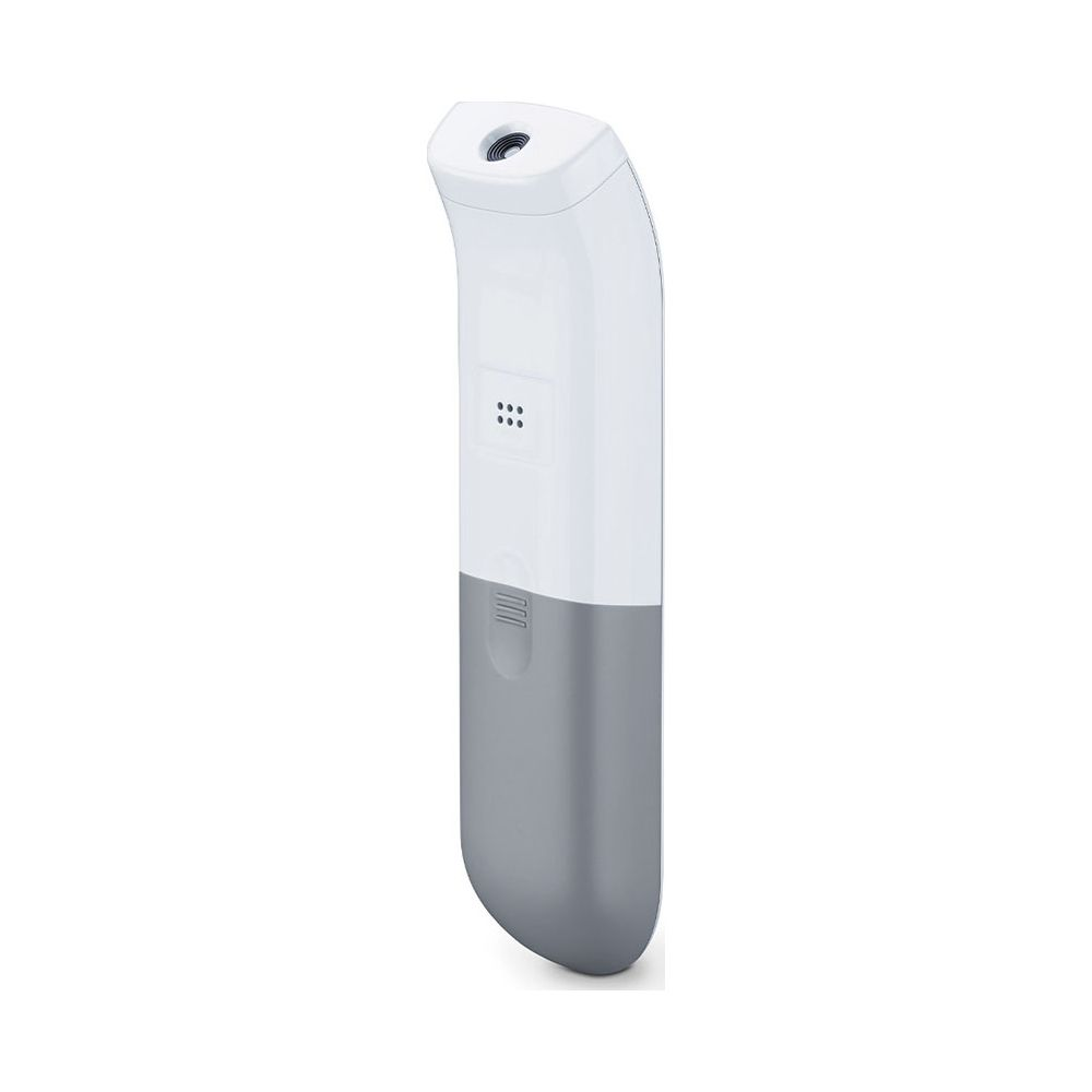 Ein weiß-graues Fieberthermometer mit schwarzem Sensor vorne.