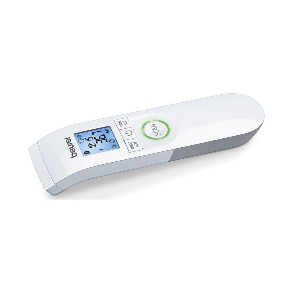 Ein weißes digitales Thermometer mit LCD-Bildschirm und SCAN-Taste.