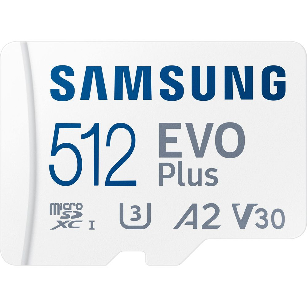 Samsung 512 GB EVO Plus MicroSDXC Speicherkarte mit A2 V30 Kennzeichnung.