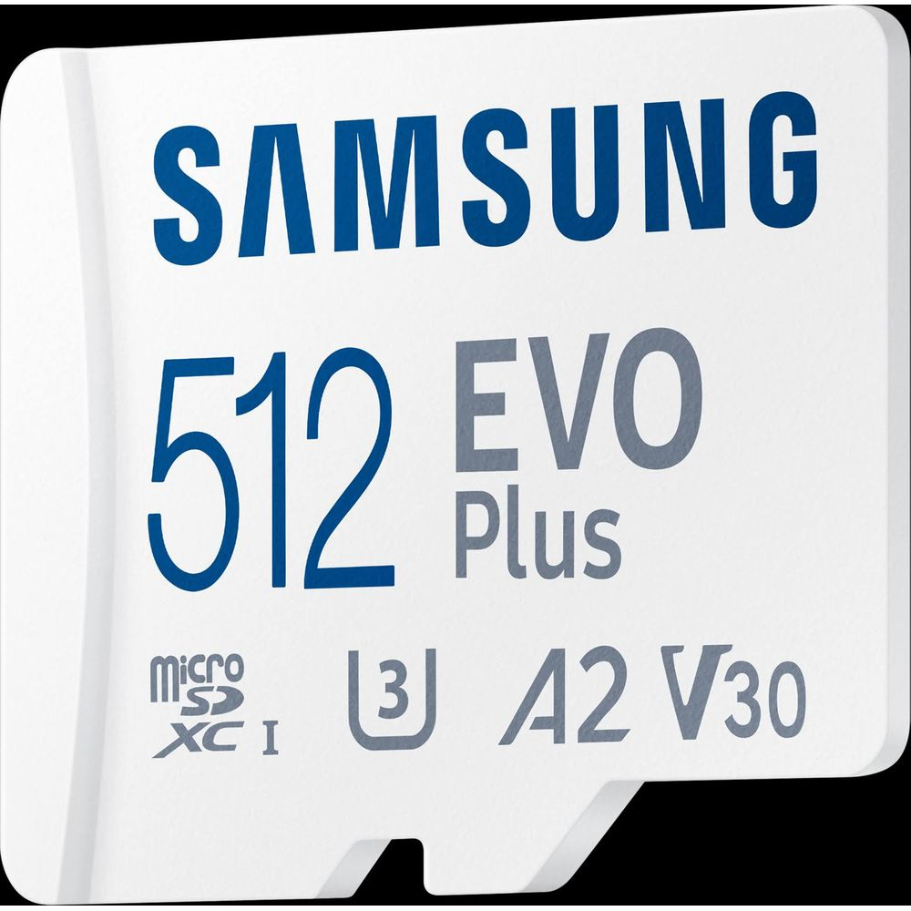 Samsung 512 GB Micro SDXC EVO Plus Karte mit A2 V30 Kennzeichnung.