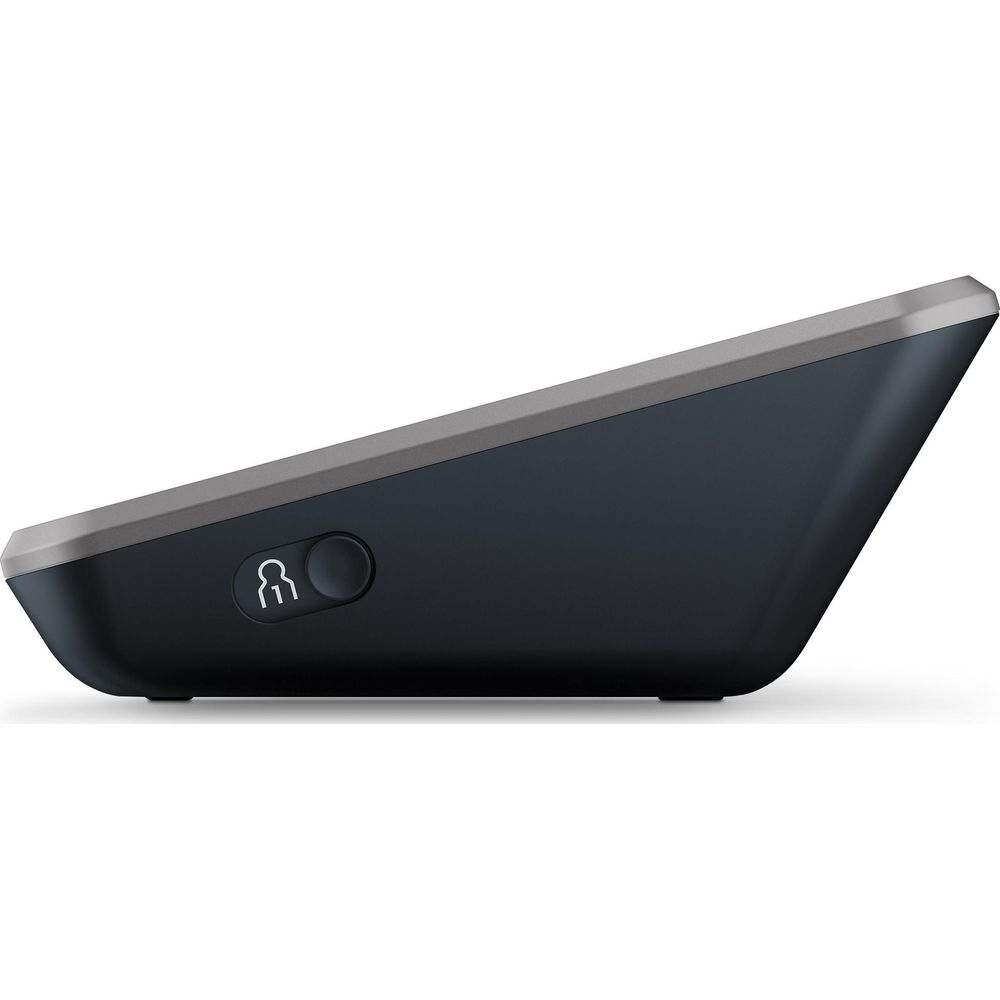 Dark gray device with a silver edge and a lock symbol on the side.