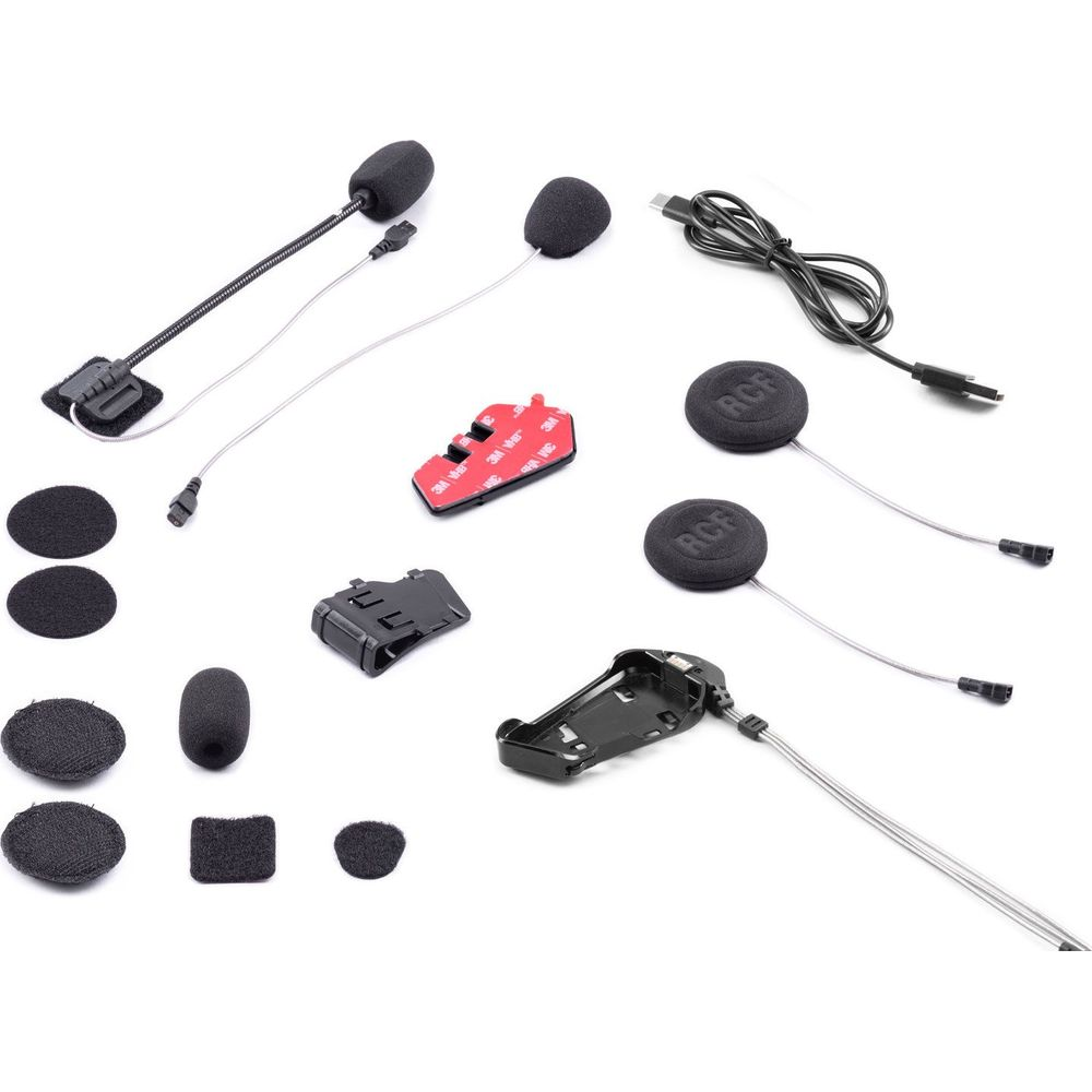 Akcesoria do zestawu słuchawkowego motocyklowego: mikrofony, głośniki, kable, podkładki.