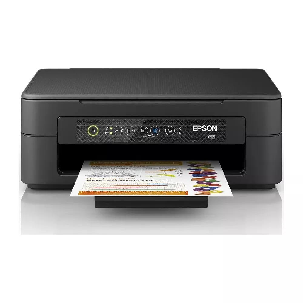 Czarna drukarka Epson z papierem wydającym dokument z wykresami i tekstem.