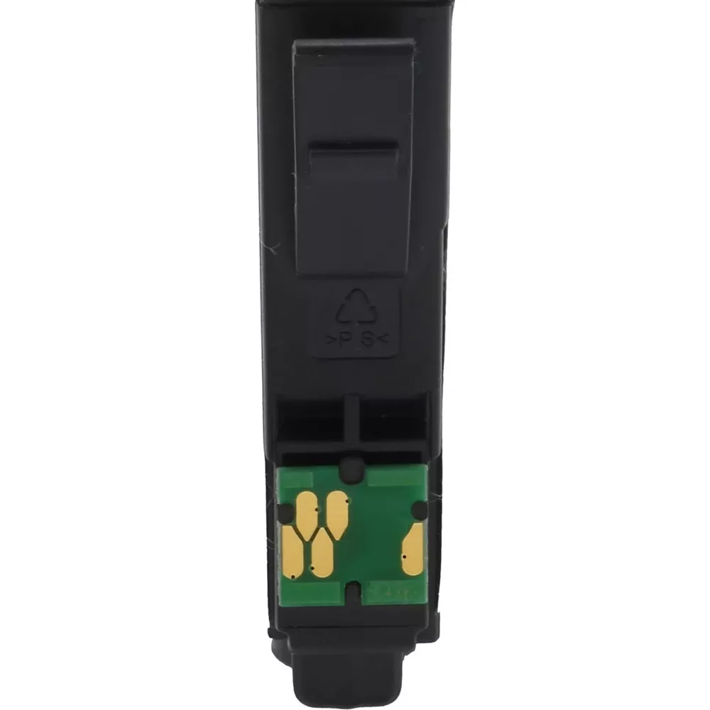 Zbliżenie czarnego złącza kartridża drukarki ze złotymi stykami.