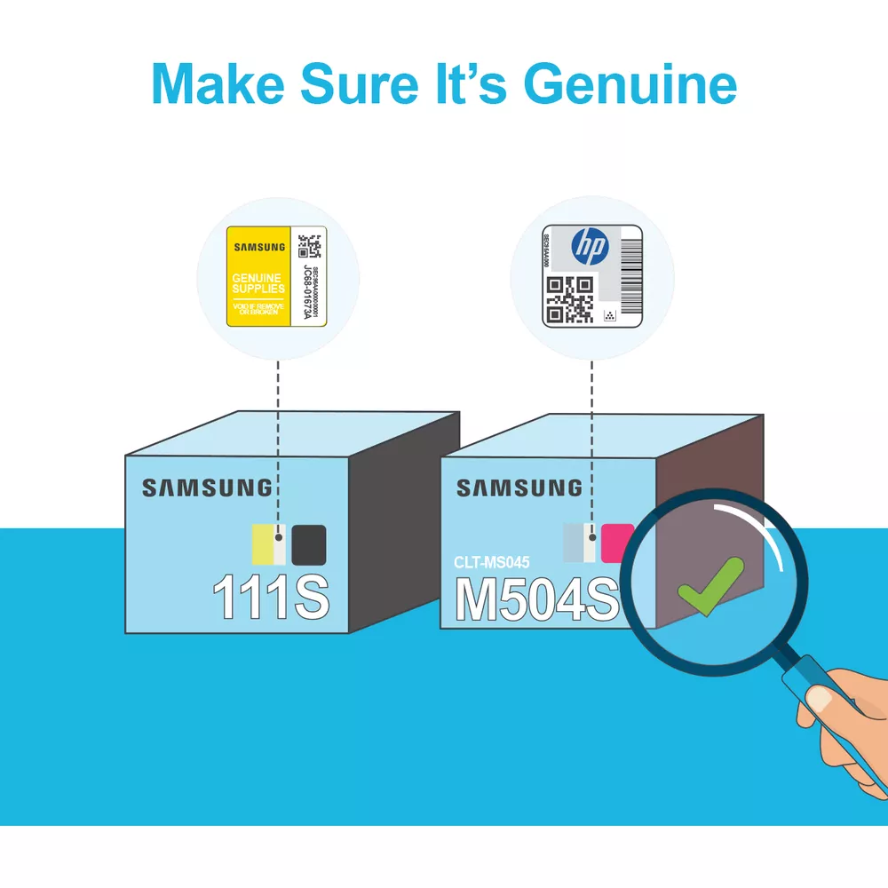 Mostrate due cartucce d'inchiostro Samsung. Una lente d'ingrandimento ne ispeziona una con un segno di spunta verde.