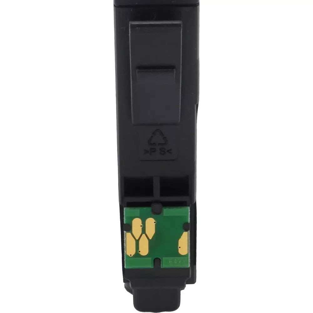 Czarny złącznik kartridża atramentowego ze złotymi stykami i symbolem PS.