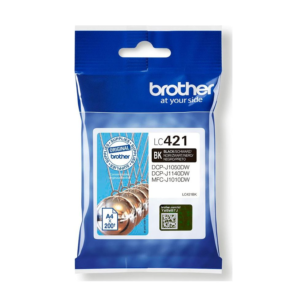 Opakowanie czarnego tuszu Brother LC421. Zawiera A4, 200+.