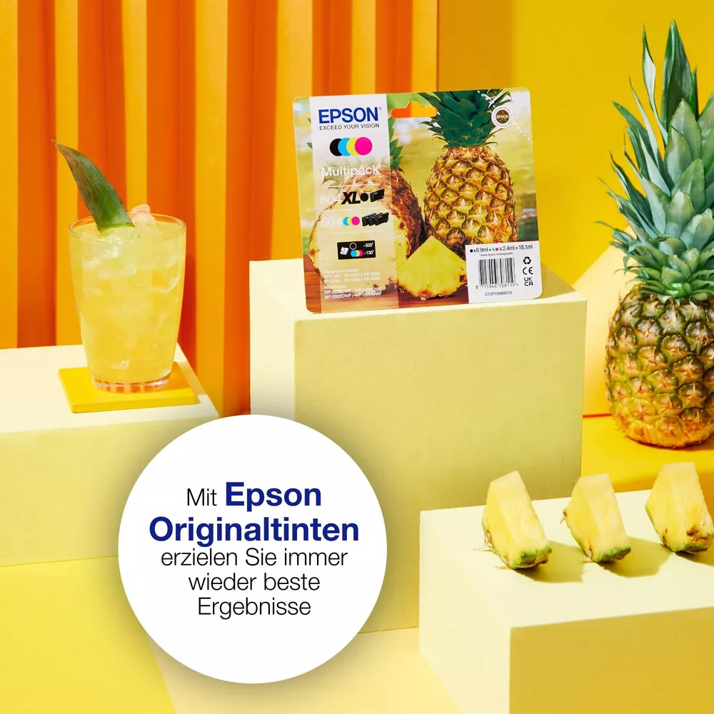 Cartouches d'encre Epson sur le thème de l'ananas et une boisson.
