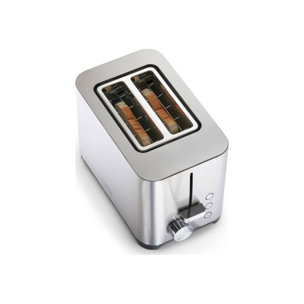 Ein silberner Toaster mit zwei Scheiben Toast im Schlitz.