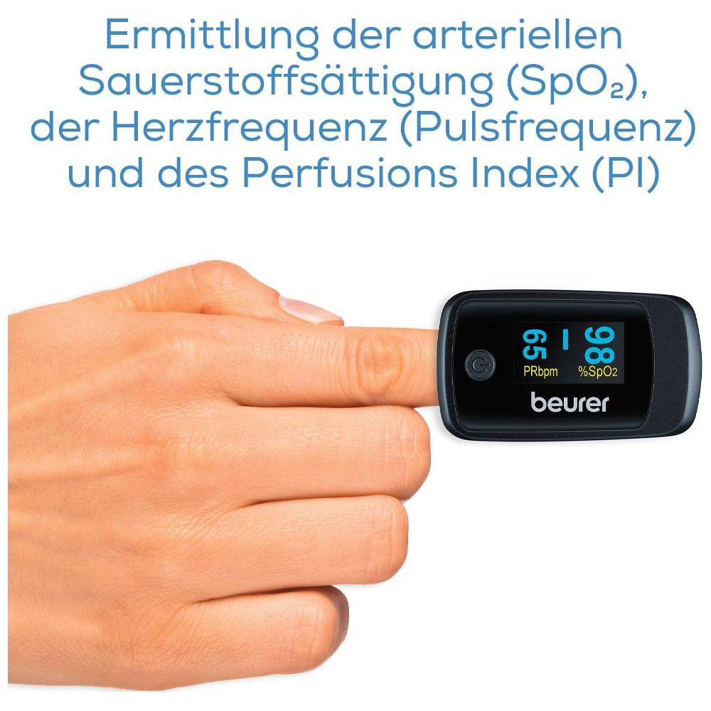 Finger pulsoximeter zeigt 98% SpO2 und 65 PRbpm an.