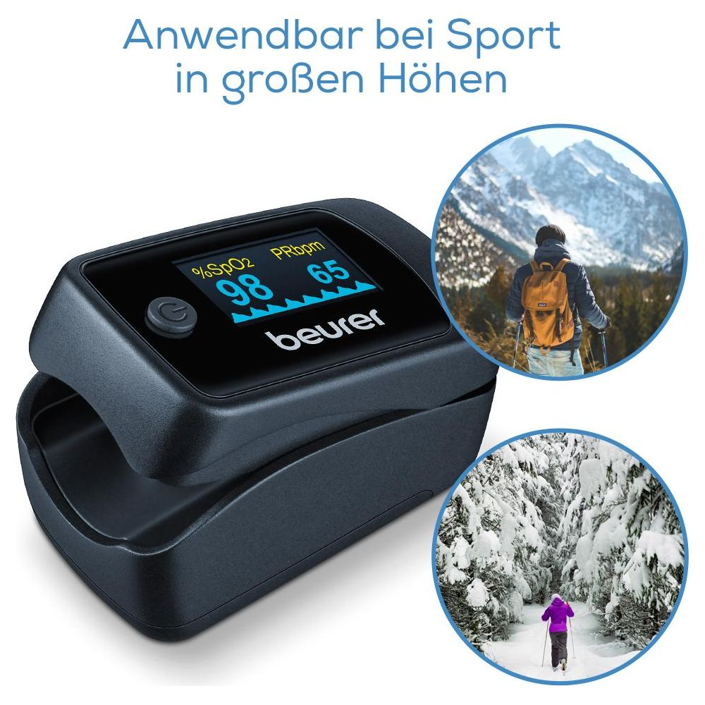 Pulsoximeter mit Anzeige von SpO2 und Puls. Zwei Bilder zeigen Wandern in den Bergen und im Schnee.