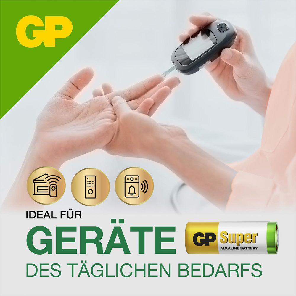 Eine Person benutzt ein Blutzuckermessgerät. Icons für Smart Home, Fernbedienung, Klingel.