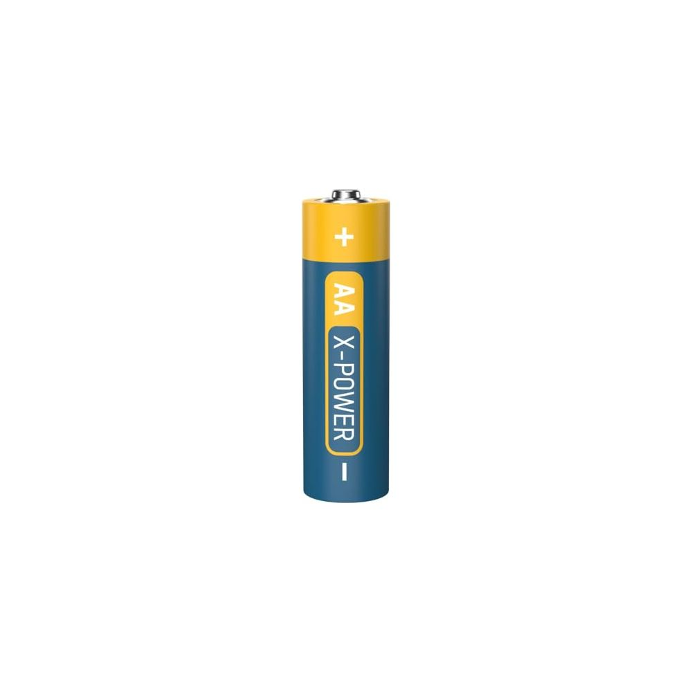 Eine AA-Batterie mit gelber Spitze und blauem Körper mit der Aufschrift X-POWER.