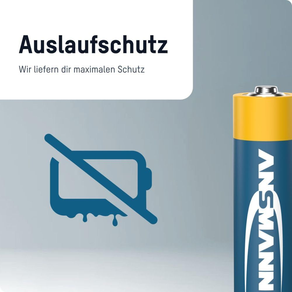 Blaue Batterie mit gelbem Kopf und Schutz vor Auslaufen.