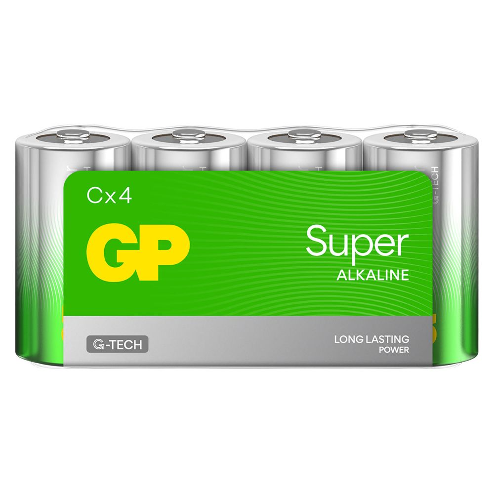 Cztery baterie GP Super Alkaline w kolorze srebrnym z zielonym opakowaniem.