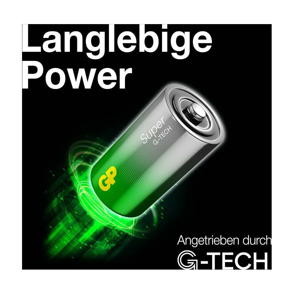 Zielona bateria z logo GP, otoczona świecącymi pierścieniami na czarnym tle.