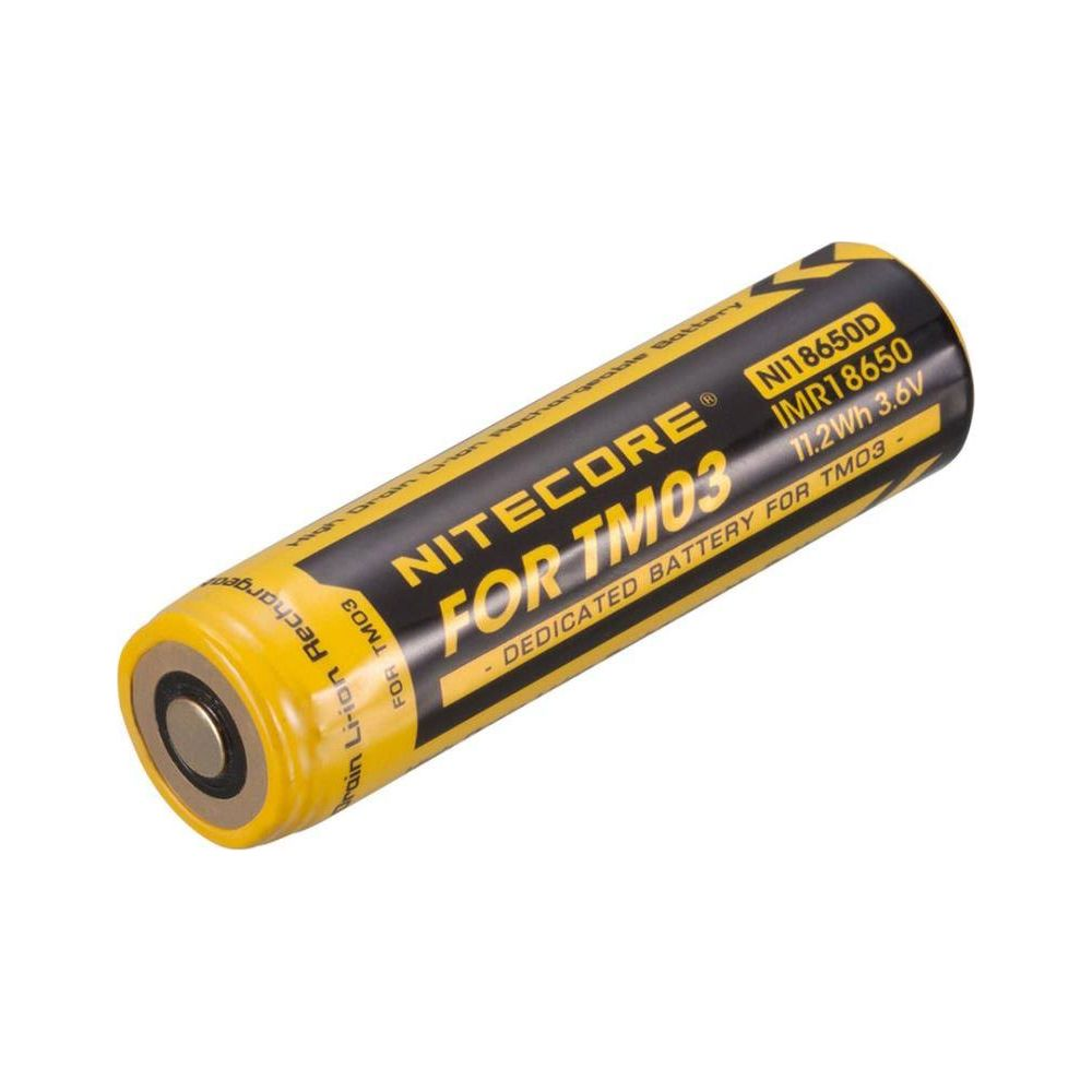 Żółta bateria litowo-jonowa Nitecore 18650 z czarnym tekstem.