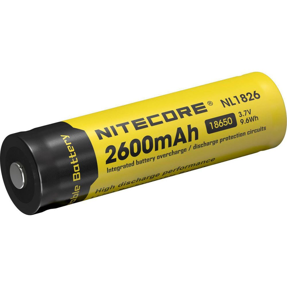 Żółta bateria Nitecore 18650 Li-ion, pojemność 2600mAh, z obwodami ochronnymi.
