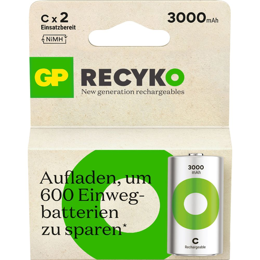 Opakowanie dwóch akumulatorów C NiMH 3000 mAh, z logo "GP RECYKO".