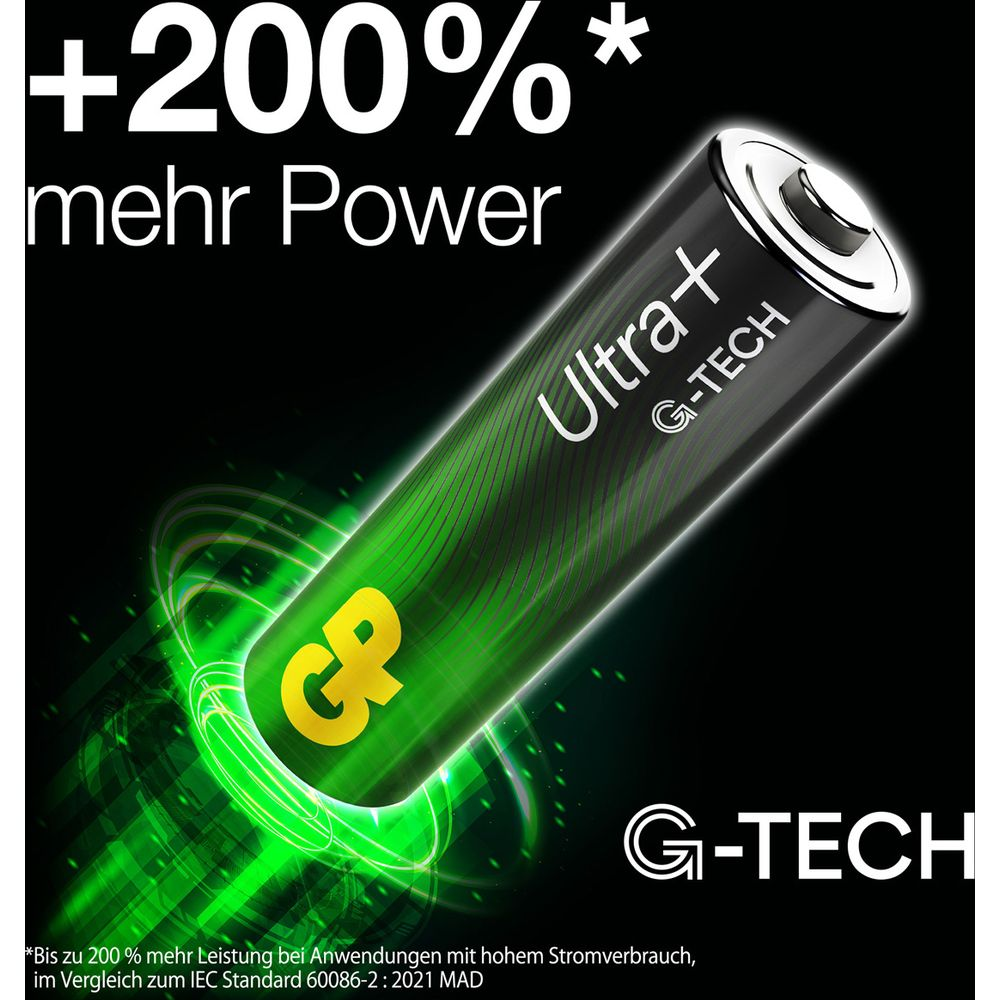 +200% mehr Power mit einer grünen G-Tech Batterie mit GP Logo.