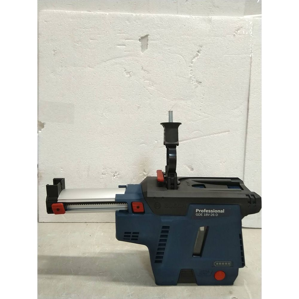 Eine blaue Bosch GDE 18V-26 D Bohrstaubsaugung mit silberner Führungsschiene.
