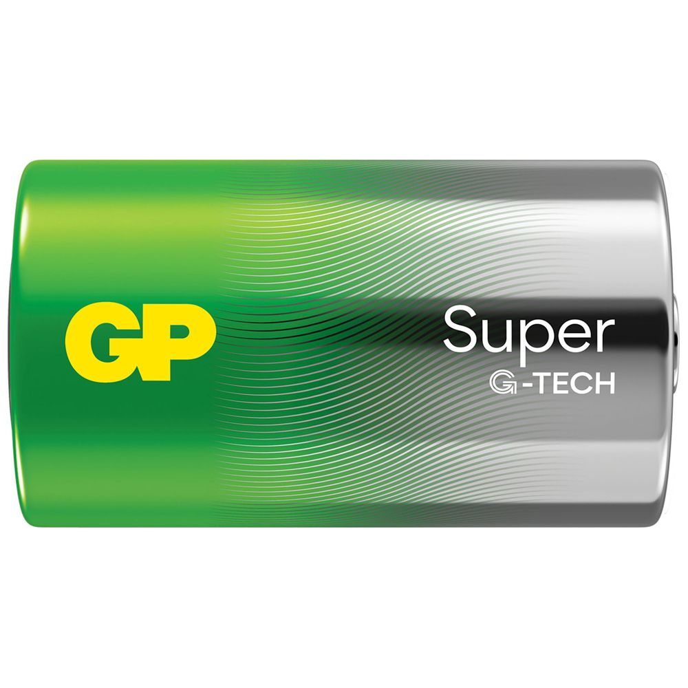 Eine grüne und silberne GP Super G-TECH Batterie vor weißem Hintergrund.