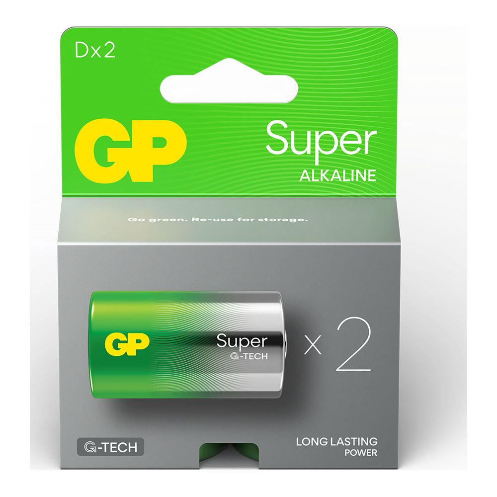 Zwei GP Super Alkaline Batterien in grüner und silberner Verpackung.