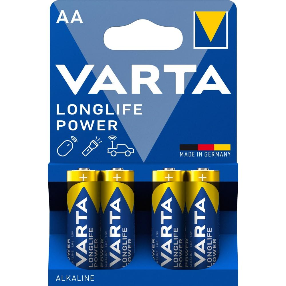 Pilas Varta AA en paquete de dos, azul y amarillo, Made in Germany.