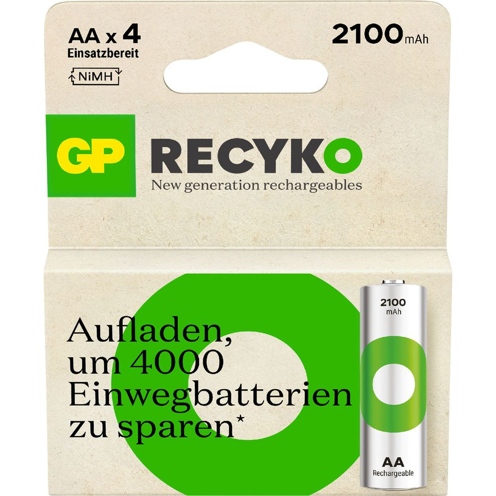 Opakowanie 4 akumulatorów GP Recyko AA NiMH, 2100 mAh, wielokrotnego ładowania.