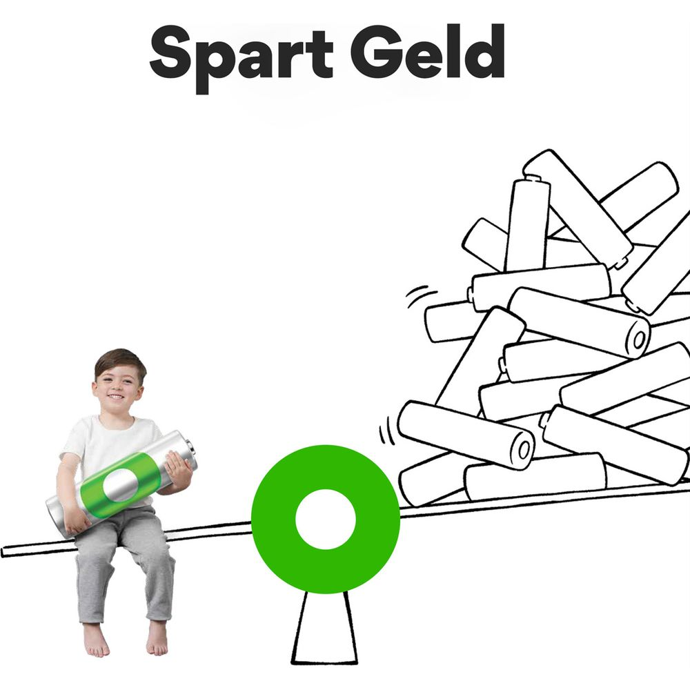 Chłopiec trzyma dużą baterię na wadze, naprzeciw stosu baterii.