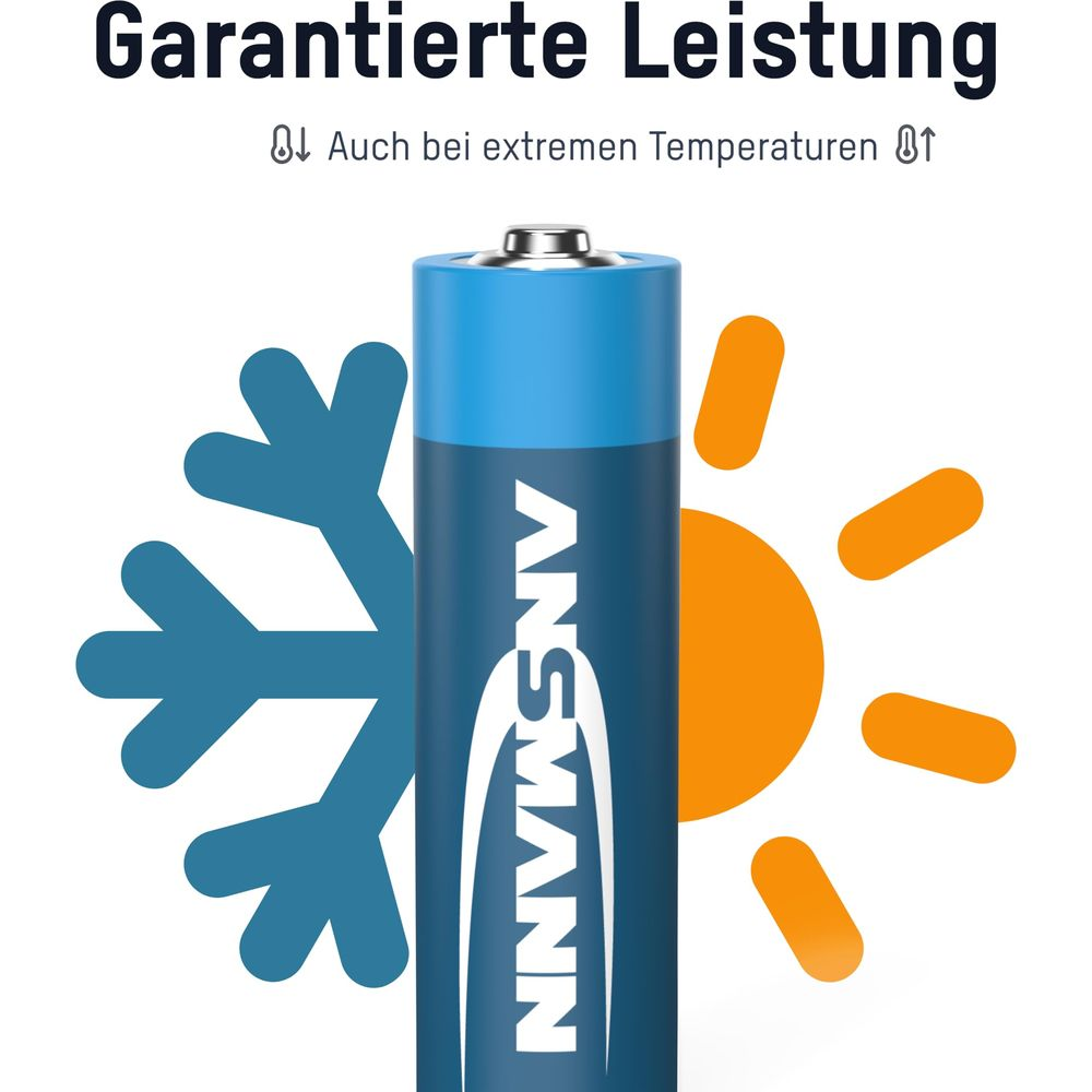 Blauer ANSMANN Akku zwischen Schneeflocke und Sonne.