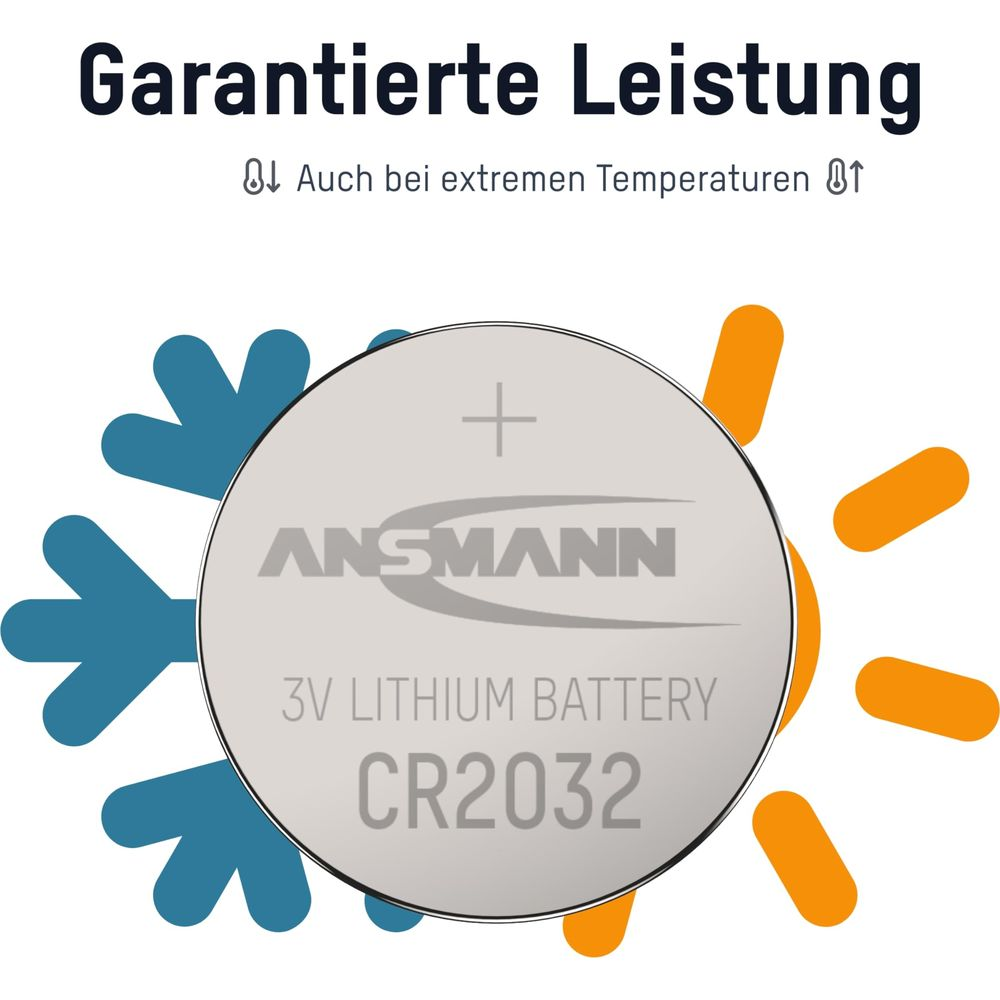 Una batteria al litio Ansmann CR2032 da 3V con simboli di freddo e caldo.