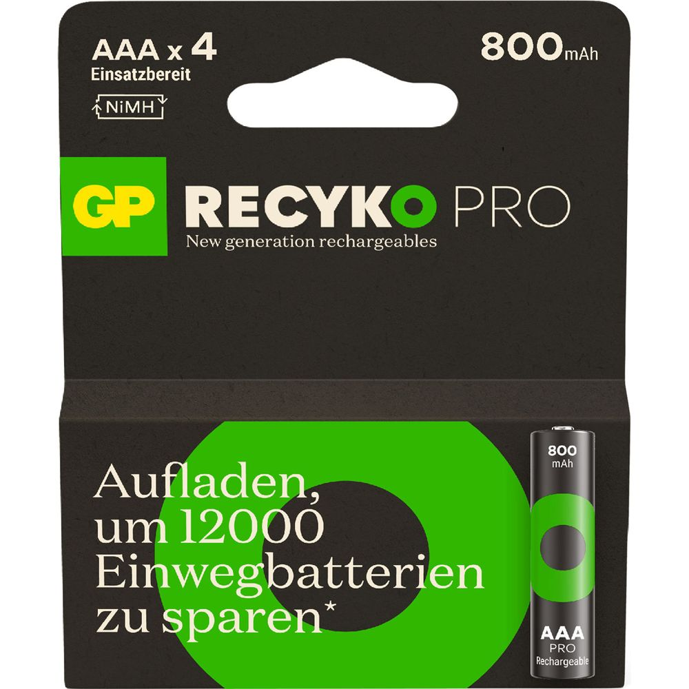 Opakowanie 4 baterii AAA NiMH, 800mAh. GP Recyko Pro.