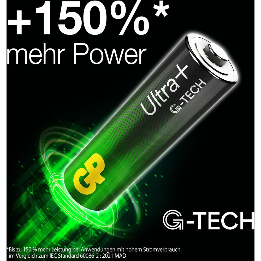 Batería verde con etiqueta "+150% más potencia" y "Ultra+ G-TECH".