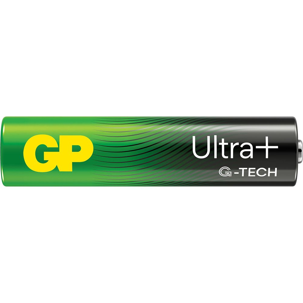 Una pila AA verde con logo GP amarillo y texto 'Ultra+ G-TECH'.