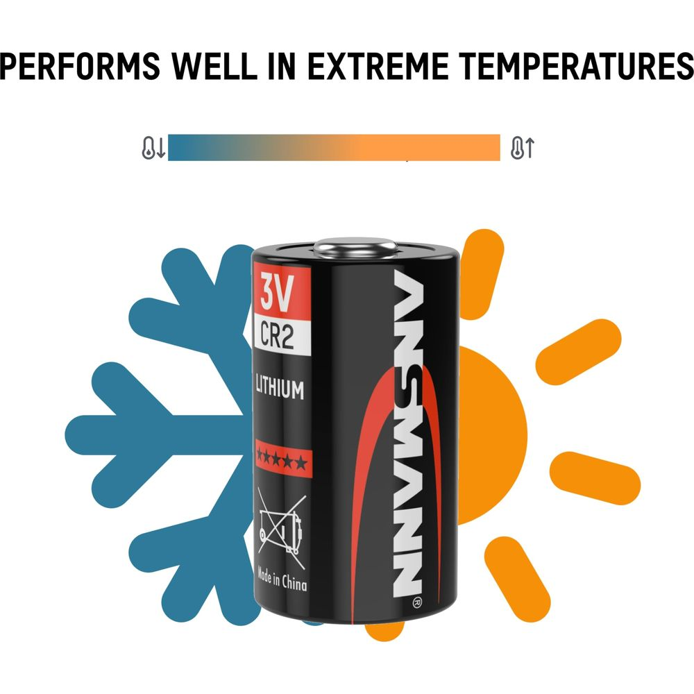 Czarna bateria litowa Ansmann 3V CR2 z symbolami zimna i ciepła.