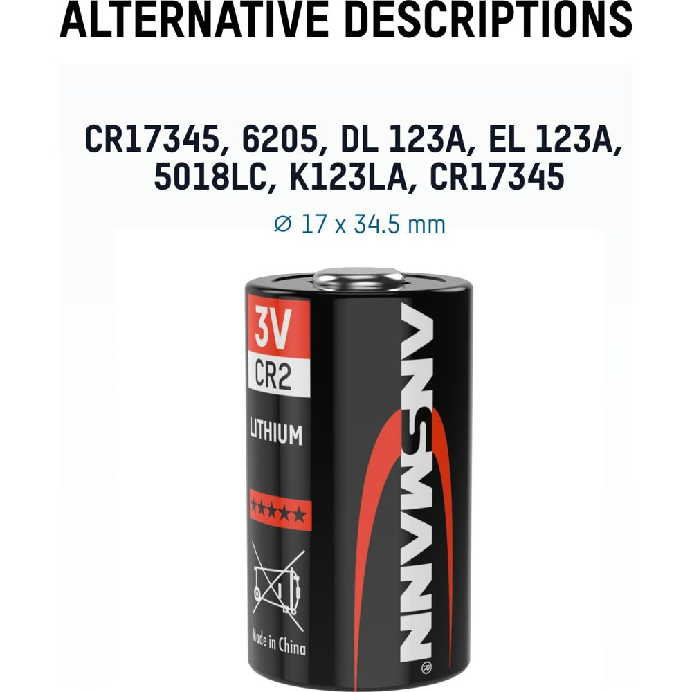 Czarna bateria litowa ANSMANN 3V CR2 z 5 gwiazdkami i wymiarami.