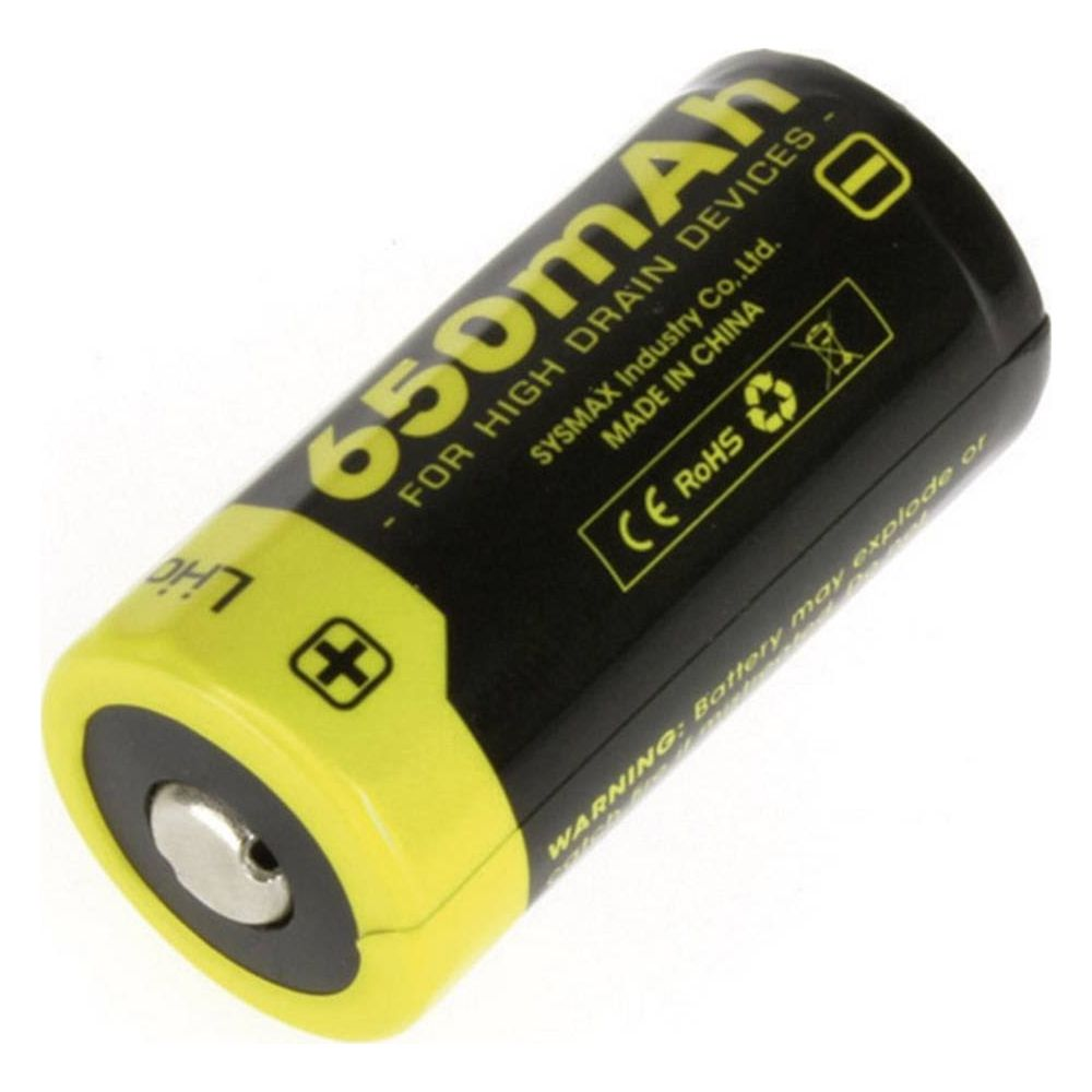 Una batteria nera e gialla da 650 mAh con dettagli testuali.