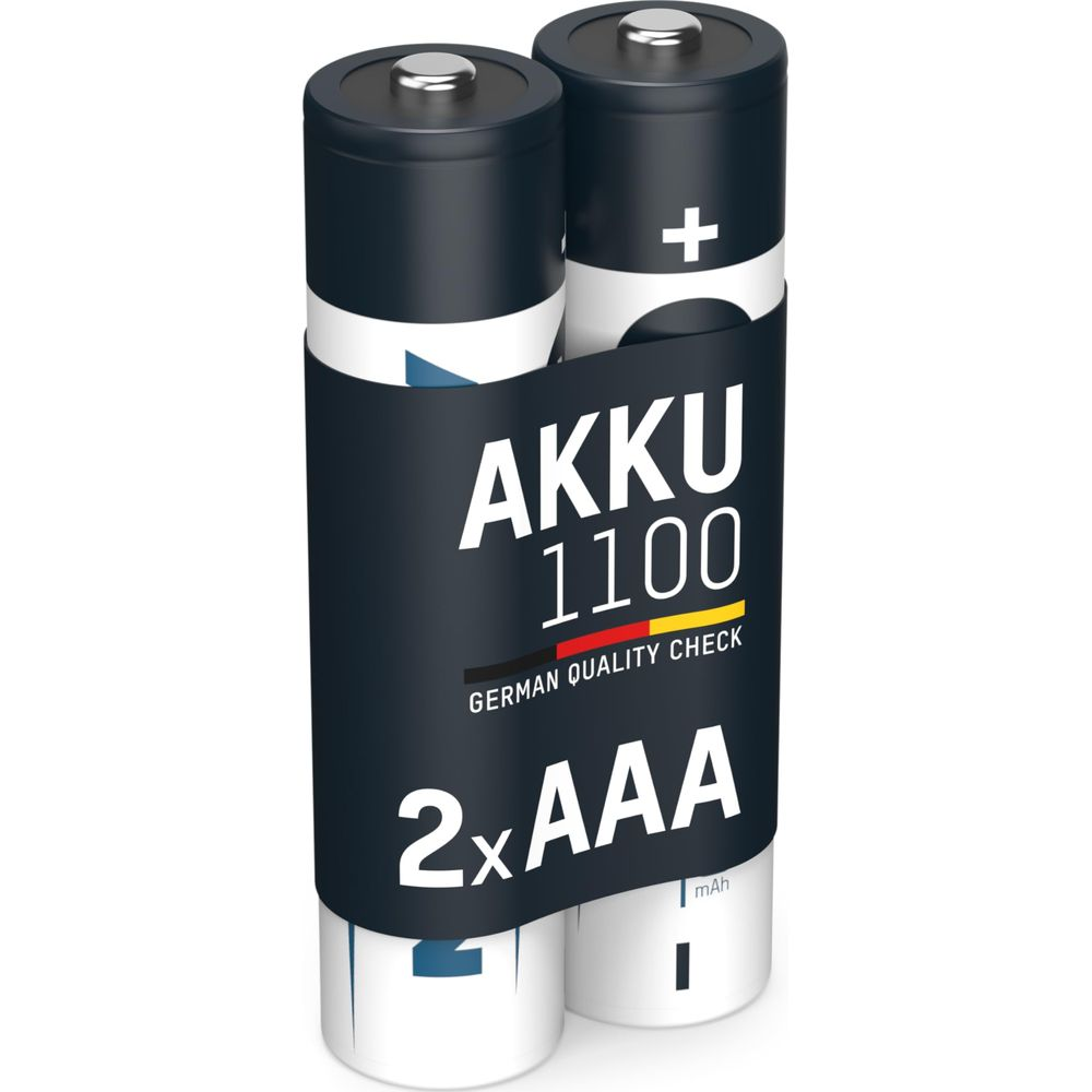 Dwa akumulatory AAA 1100 mAh, ciemnoniebieskie z białym paskiem.